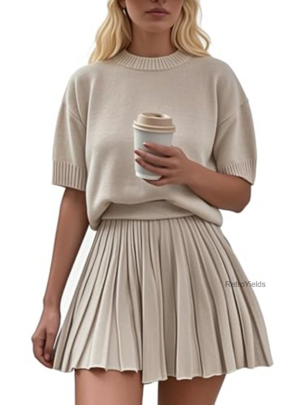 2 Piece Outfit Knit Top Pleated Skirt Set Y2K Short Sleeve - Picture 1 of 3
